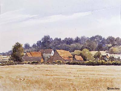 'After the Harvest', Glebe Farm, Aston Cantlow - in Watercolour by John Davis